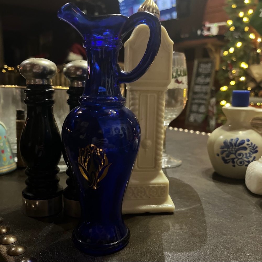 Vintage Avon Cobalt Blue Cruet Bath Oil Empty/Avon Black Glass S&P/Charisma Cloc